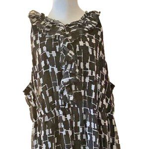 MERONA Dress Black White Geometric Print Ruffles Elastic Waist Sleeveless Size 2